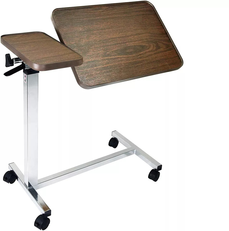 Rotatable Double Adjustable Overbed Bedside Table With Wheels Wood Medical